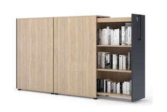 Schuifkast met lichte houten deuren en donkergrijs zijpaneel met open boekenkasten. Gevuld met boeken en decorobjecten.