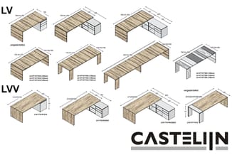 Castellijn LV en LVV vergadertafels in diverse uitvoeringen: houten tafelbladen in natuurtinten, rechthoekige en trapeziumvor