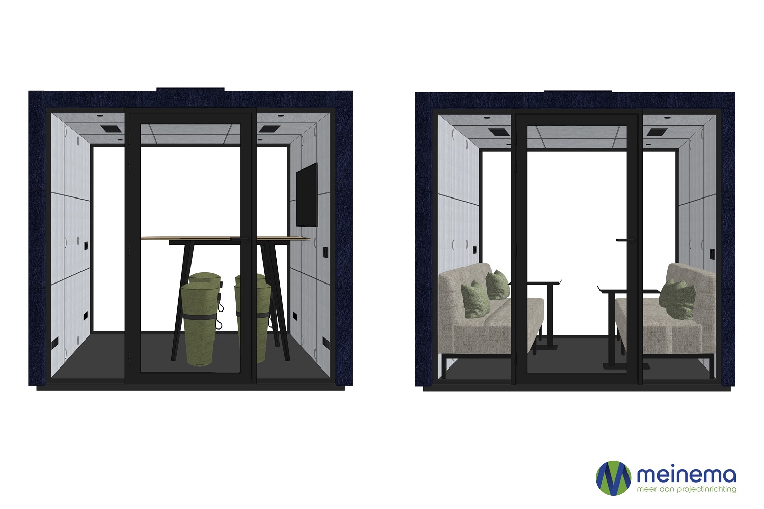 Twee belcellen met zwart stalen frame: links inrichting met hoog tafelblad en groene stoelen, rechts zithoek met grijze bank