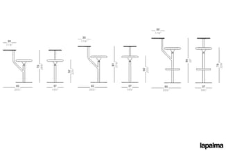 Technische tekeningen van zes staande bureaus met verschillende afmetingen (37-65 cm breed, 52-99 cm hoog) van het merk Lapal