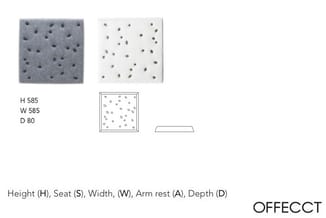 Offecct gestoffeerde zitbank H585 W585 D80 in grijs en wit met geperforeerde bekleding, detail- en zijaanzichten.
