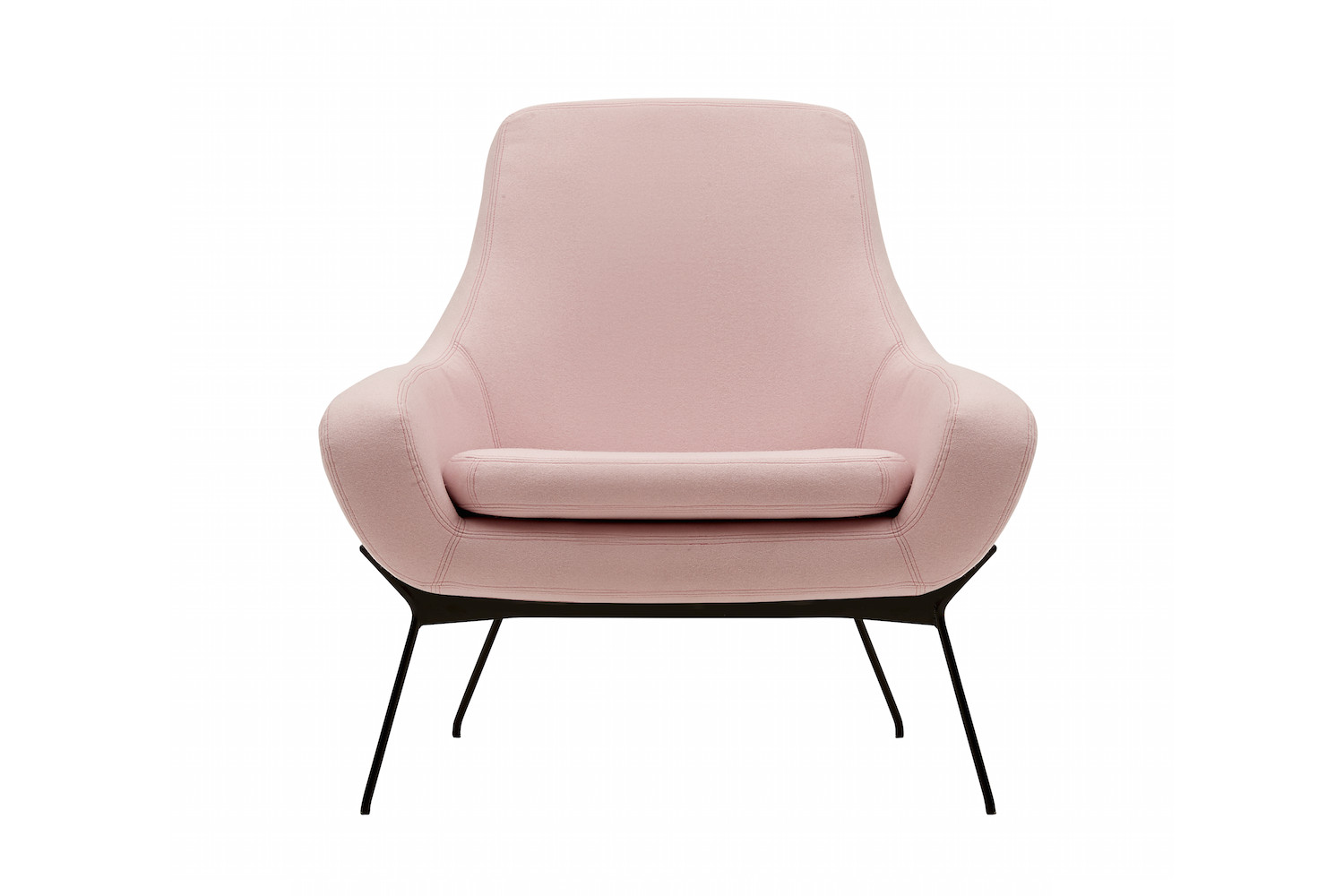 Roze stoel met ergonomische rugleuning en zitting, zwarte metalen poten, modern design, vooraanzicht.