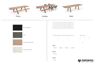Drie vergadertafelmodellen (Picnic, Combo, Tafel) met kleurvarianten (Zwart, Earth, Beach beige, Off white) en technische spe