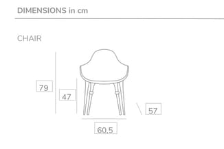 Technische tekening van een stoel met afmetingen: totale hoogte 79 cm, zithoogte 47 cm, zitdiepte 60,5 cm en armhoogte 57 cm.