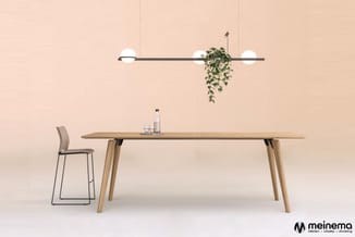 Houten vergadertafel met natuurlijke afwerking, grijze barstoel, hangende lineaire lamp met drie witte bollen en hangende pla