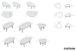 Castellijn furniture catalog met technische tekeningen van stoelen, tafels en poefs in verschillende vormen en afmetingen met