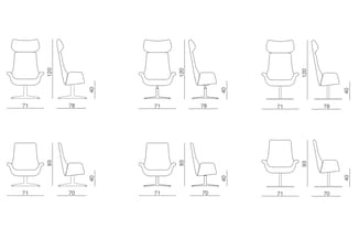 Technische tekeningen van ergonomische bureaustoel in verschillende hoeken met afmetingen: zithoogte 40-93cm, breedte 70-78cm