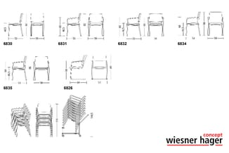 Technische tekeningen van diverse stoelmodellen (6830, 6831, 6832, 6834, 6835, 6826) met afmetingen en zijaanzichten. Onderaa