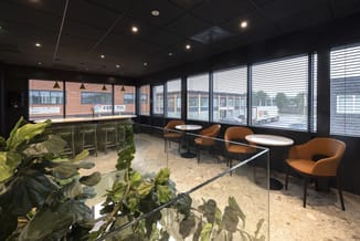 Moderne kantoorruimte met cognackleurige fauteuils rond zwarte tafels, groene planten, grote ramen met jaloezieën, hangende v