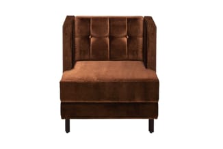 Bruine fauteuil met gestoffeerde rug, zwarte poten, getuft ontwerp en vintage uitstraling.