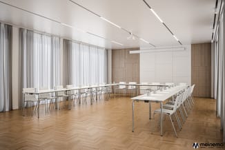 Moderne vergaderruimte met U-vormig opgezette vergadertafels, witte stapelstoelen, houten visgraat-parket, houten wandpanelen