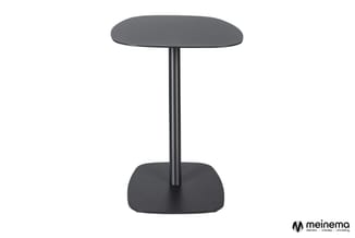 Zwarte staande tafel met afgerond rechthoekig blad en vierkante voetplaat op centrale paal.