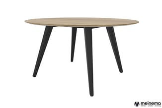 Ronde vergadertafel met naturel houten blad en vier zwarte conische poten.