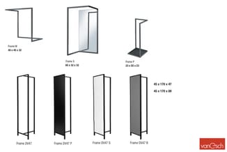 VanGesch displayframes in verschillende modellen: Frame W (45x45x32), Frame S (65x32x32), Frame P (23x55x23), Frame DV47 vari