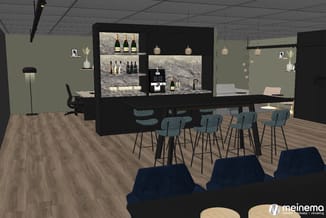 Modern kantoor met zwart bar/buffetmeubilair, grijsblauwe barkrukken, donkerblauwe zitbank, houten vloer, groen geschilderde