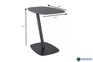 Zwarte ovale bijzettafel met geboogen poot en vierkante voetplaat. Afmetingen: 48 cm × 38 cm tafelblad, 52 cm hoogte.