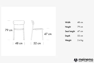 Technische tekening stoel met afmetingen: breedte 48 cm, hoogte 79 cm, zithoogte 47 cm, diepte 52 cm, gewicht 5,4 kg.