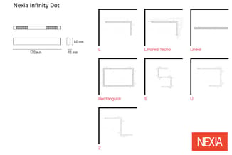 Nexia Infinity Dot kantoorscheidingssysteem in 7 configuraties: L-vorm, Pared-Techo, Lineaal, Rechthoekig, S, U en Z. Afmetin