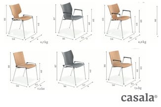Zes stapelbare kantooorstoelen Casala in verschillende uitvoeringen (hout/stof, grijs/naturel), met dimensies en gewicht per