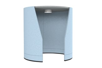 Blauwe akoestische belcel met gesloten zijwanden, ingang onderaan, ingebouwde verlichting bovenin.
