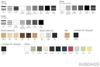 Kleurenpalette met metaalkleuren voor stoelen en banken, houtafwerkingen voor beech en oak, laminaat en kunststofkleuren voor