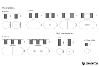 Overzicht vergadertafels en koffietafel met afmetingen: 4/5-zits (rechthoekig en rond), 6/8-zits (ovaal), 10/12-zits (ovaal),