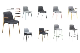 Collectie stoelen in verschillende uitvoeringen: draaistoel met armleuningen, standaardkrukken en barkrukken. Grijze bekledin