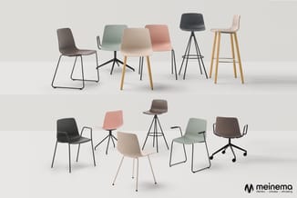Collectie moderne stoelen in verschillende uitvoeringen: zit- en barkrukken met kunststof zittingen in beige, roze en groen;