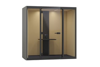 Moderne belcel met donker frame, glasdeuren en beige wanden. Voorzien van werkblad, geïntegreerde verlichting en bedieningspa