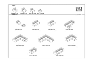 SOFT LINE: Overzicht bankelementen in verschillende configuraties en afmetingen, inclusief hoekstukken en rechthoekige module