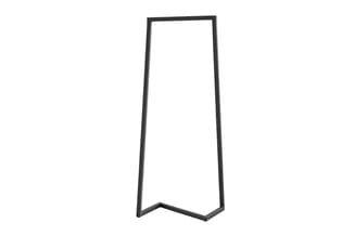 Zwart metalen frame in A-vorm, trapeziumvormig, leeg binnen, staand onderdeel of display-standaard.