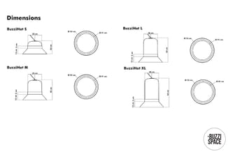 Technische dimensionstekeningen van vier BuzziHat-modellen (S, M, L, XL) met zijaanzichten en bovenaanzichten, inclusief mate