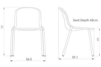 Technische tekening stoel met afmetingen: totale hoogte 79cm, zitdiepte 42cm, zithoogte 45cm, breedte 56,5cm en 57,1cm.
