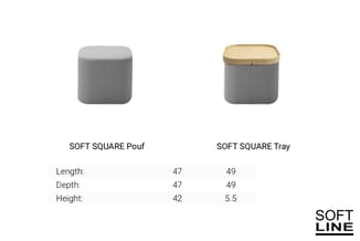SOFT SQUARE Pouf en Tray in grijs met houten blad, afmetingen en specificaties weergegeven.
