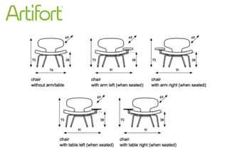 Artifort stoel dimensionetekeningen: vijf varianten zonder armen, met linker/rechter arm en linker/rechter tafel, alle 73cm h