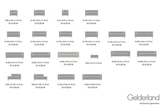 Gelderland banken assortiment in verschillende maten en configuraties met afmetingen, grijze stof, vooraanzicht en zijaanzich