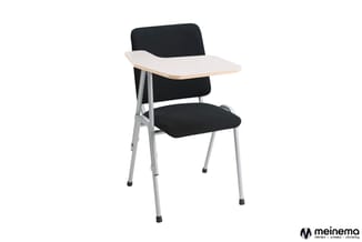 Klapstoel met zwart gestoffeerde zitting en rug, wit tafelblad, zilvergrijze metalen frame, tegen witte achtergrond.