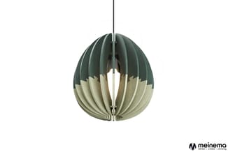 Hangende eivoormige lamp met groen-witte papieren lamellen, moderne designverlichting.
