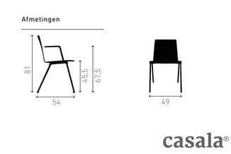 Technische afmetingstekening van twee stoelen: links een stoel met armleuningen (54x81 cm, zithoogte 45,5 cm), rechts een sta