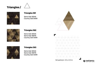 Triangles 361, 362 en 363: driehoekige houten wandpanelen in Sierra Oak en Country Oak, getoond in patronen en een ruimtelijk