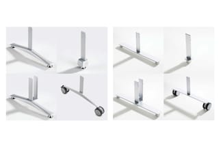 Links: Grijs metalen bureauonderstel met schuine poten en wielen. Rechts: Wit metalen bureauonderstel met horizontale armen e