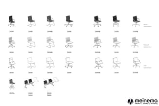 Collectie bureaustoelen in verschillende modellen en bekleding (mesh, geribd, zacht) met varianten in onderstel en functional
