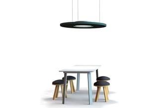 Ronde hanglamp met donkergroene metallic afwerking boven eethoek met lichtblauwe tafel en vier houten krukken met zwarte zitt