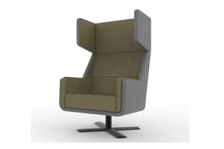 Grijze en olijfgroene fauteuil met hoge rugleuning en zijpanelen, op zwart voetkruis, voor kantoor of lounge.