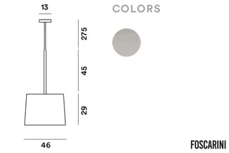 Hanglamp Foscarini met trapeziumvormige grijze stoffen kap, afmetingen 46x29cm, totale hoogte 275cm.