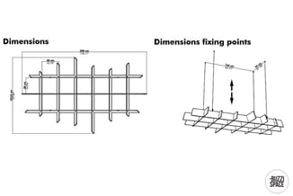 Technische tekening met dimensies en bevestigingspunten van een akoestisch panelensysteem met horizontale en verticale elemen