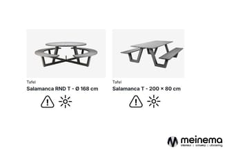 Twee Salamanca vergadertafels: ronde tafel Ø 168 cm en rechthoekige tafel 200 × 80 cm met zitbanken, beide met waarschuwings-