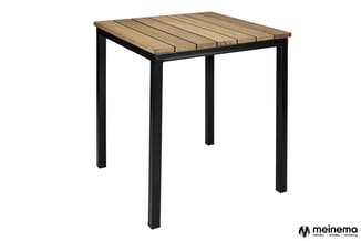 Bartafel met licht houten tafelblad en zwart metalen onderstel, vierkante vorm op witte achtergrond.