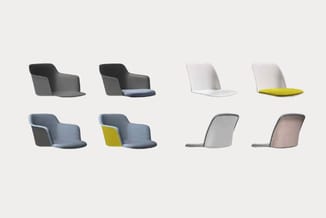 Acht designstoelen in verschillende kleuren en materialen: grijze en blauwe varianten met gele accenten, witte stoelen, en en