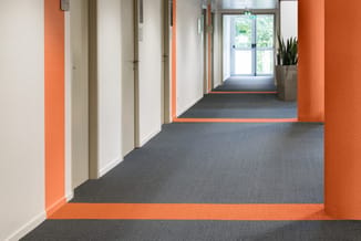 Kantoorgang met grijs tapijt, oranje wandaccenten en witte deuren aan weerszijden. Potplant bij glazen toegangsdeur aan het e